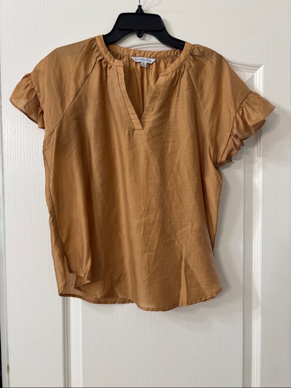 Ophelia Rose Women's Ruffle Sleeve Split-Neck Blouse in Tan